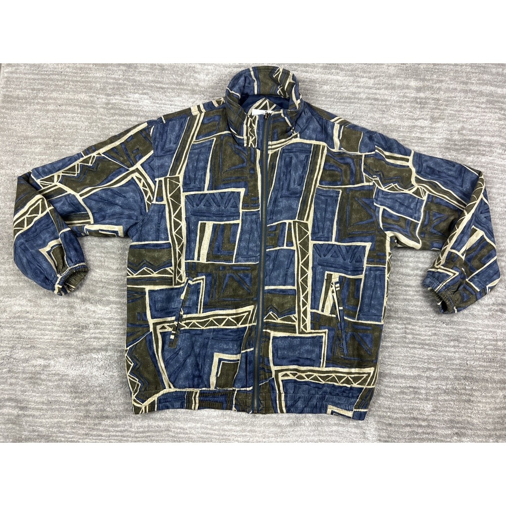 Vital Zone Jacket Mens M Blue Silk Geometric Abstract Vintage Full Zip Bomber